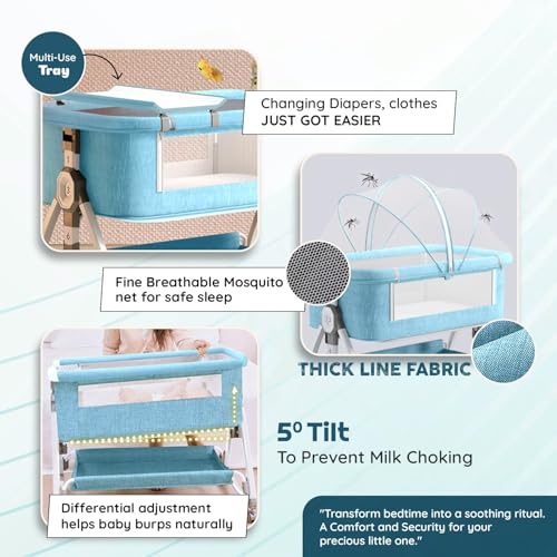 Image of Premium 6-in-1 Baby Bedside Cot, Crib, Cradle Portable All-Mesh Bassinet with Multi-Purpose Tray,Wheels, Storage Basket, and 6 Height Adjustments, for Newborns- SkyBlue | Breathable Cloth