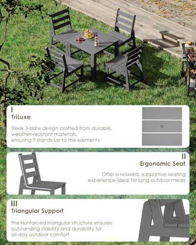 Image of GREENVINES 5PCS Patio Dining Set, HDPE Square Table & 4 Side Chairs, Gray