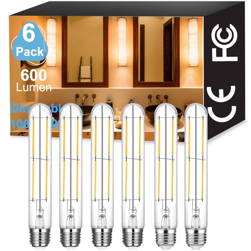 Image of Vinaco 7.3 Inch LED T10 Tubular Edison Bulb 2700K 6W Dimmable E26 Base | 6 Pack, 600LM, 60W Eq. No Flicker, Clear Glass Long Vintage Tube Bulb for Pendant, Chandelier, Wall Sconces, Piano Light