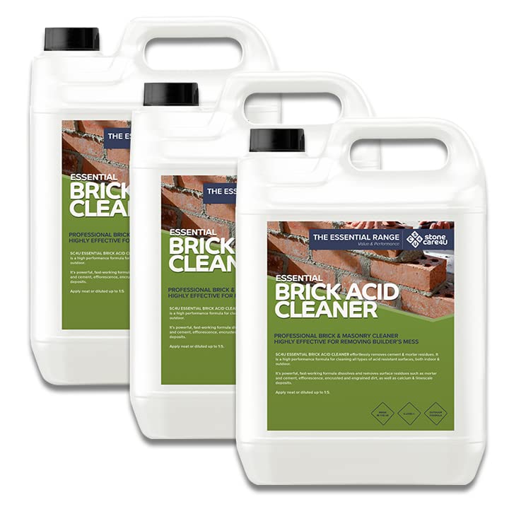 StoneCare4U Brick Acid Cleaner - 3 x 5L - External Bricks & Masonry Wall Stain Remover & Patio Cleaner for Builders Mess. Cement, Mortar, Grout & Efflorescence Stain Remover for Brick & Paving Slabs
