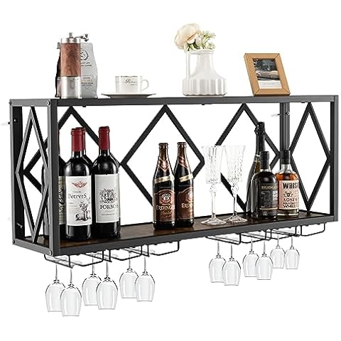 COSTWAY Wall Mounted Wine Rack with Glass Holders Cover