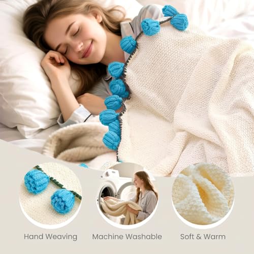 Image of Flower Bouquet Blanket, Soft Knitted Throw Blankets (Blue Roses) | Birthday Gifts for Mom Grandkids Her Wife Girlfriend, Completed Crochet Flower Blanket, Housewarming Gifts for Anniversary