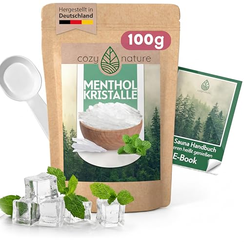 CozyNature Mentholkristalle | 100g | Premium Qualität Made in Germany | Sauna Zubehör & natürliche Ameisenabwehr | Saunaaufguss | naturreines Menthol | Minzöl Kristalle | inkl. Gratis Sauna E-Book