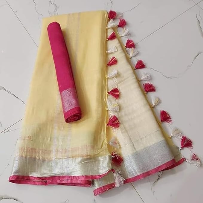 Image of STB-SILK TEXTILES BHAGALPUR Women's Linen Slub Saree With Contrast Blouse Piece