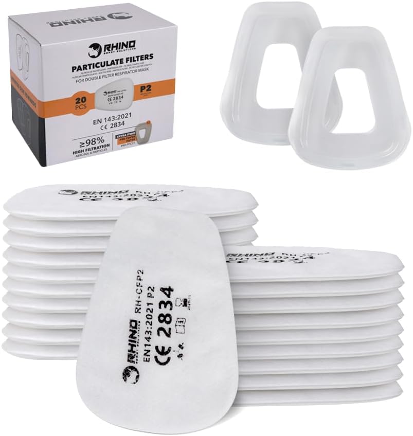 RHINO Smart Solutions FFP2 Cotton Filters for Carbon Filter and Reusable Mask Anti Gas, Dust, Paint, Chemistry, Vapors, Phytosanitary (20 Filters (+2 Caps))