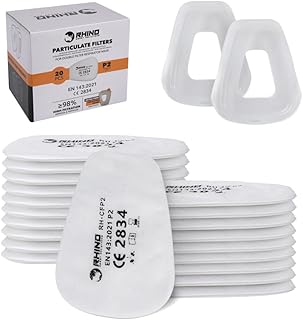 RHINO Smart Solutions FFP2 Filtros de algodão para filtro de carbono e máscara reutilizável anti-gás, poeira, pintura, química, vapores, fitossanitários (20 filtros (+2 tampas))
