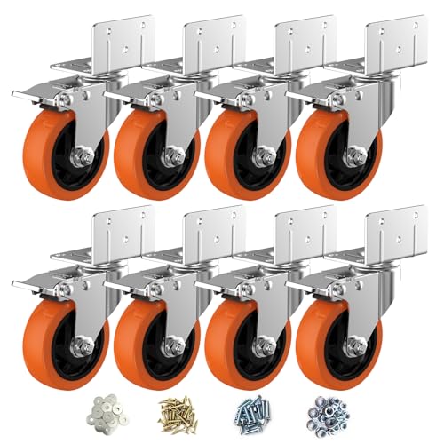 Image of 4 inch L-Shaped Caster Wheels Set of 8, Side Mount Swivel Casters | With Brake, Polyurethane Wheels, Non-Marking. 360 Double Ball Bearing. For Workbench, Shelving, Cart, Garage, Workshop.