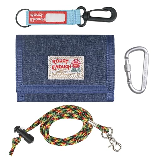 Rough Enough Kids Wallet for Boys Girls Preppy Teen with Neck Lanyard Keychain Canvas Denim Blue