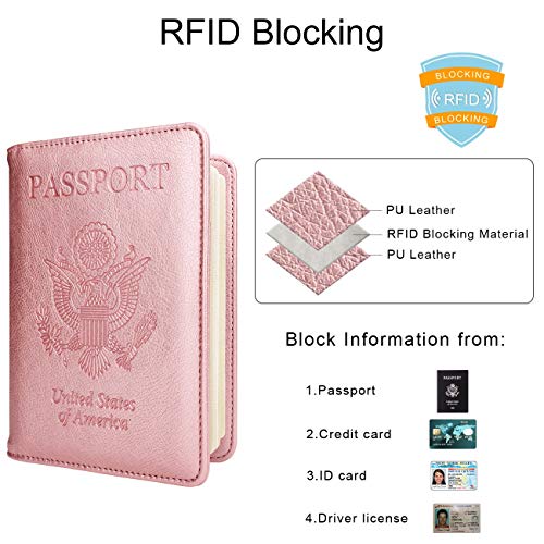 Image of WALNEW Passport Holder for Travel, RFID Passport Cover Wallet for Women Men, PU Leather Passport Book Card Holder Case with Pen (Upgraded, Upgraded-Rosegold)