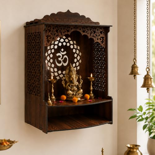 Image of The Castle Decor Wooden Mandir for Home, Wall Hanging & Tabletop Pooja Temple with Ganesha Cutwork, 2-Tier Storage Shelf, MDF Mandir for Pooja Room, Office, Hostel, 13 x 15 x 8 Inch (Design-8)