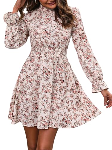 SweatyRocks Damen Kleid Elegant Herbstkleid Blumenmuster Damenkleider A Linie Minikleid Langarm Kleider Kurzes Langarmkleid mit Rüschen Rosa XL