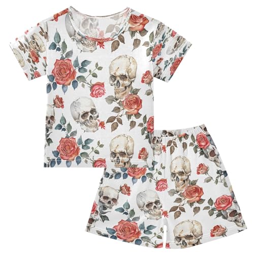 senya Short Sleeve Pajamas Sets Summer Cotton Sleepwear Skulls Red Roses