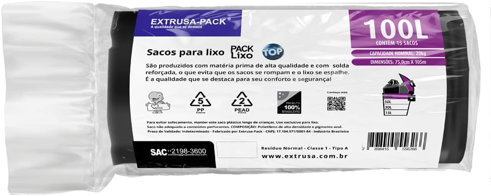 Saco de Lixo PACK LIXO TOP Preto 100 Litros - Super resistentes Saco de Lixo PACK LIXO TOP Preto 100 Litros - Super resistentes