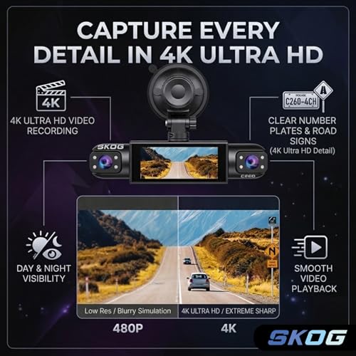 Image of SKOG 4 Channel 4K Ultra HD Dash Cam Front, Rear & 2 - Side Camera with WiFi, Car DVR with Night Vision, 360 Coverage, Loop Recording, G-Sensor, Mobile App Control, Dual Lens Dashboard Camera