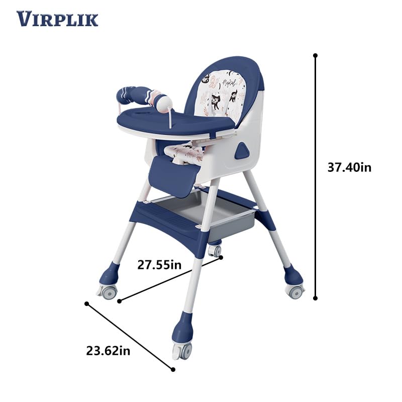Foldable 4-in-1 Baby High Chair for Babies & Toddlers, High Chair with Detachable PU Cushion, Removable Tray, Adjustable Height, Locking Wheels,Blue thumbnail