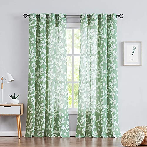 Image of Treatmentex Leaf Print Semi-Sheer Curtains for Living Room Windows 95 inch Long White and Green Window Curtains for Bedroom Grommet Top Curtain Panels, 1 Pair