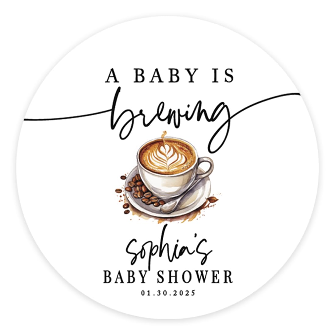 Andaz Press Personalized A Baby is Brewing Baby Shower Decorations, 2" Coffee Themed Thank You for Celebrating with Us Stickers for Candy, Favors,