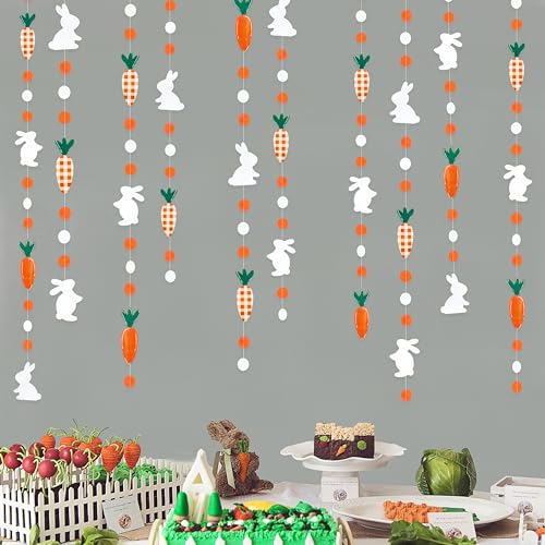 Image of Pinkblume Easter Party Decorations - Bunny Carrot Circle Dot Garland Streamer Hanging Paper Buffalo Plaid Carrot Polka Dot Rabbit Banner for Spring Day Party Supplies