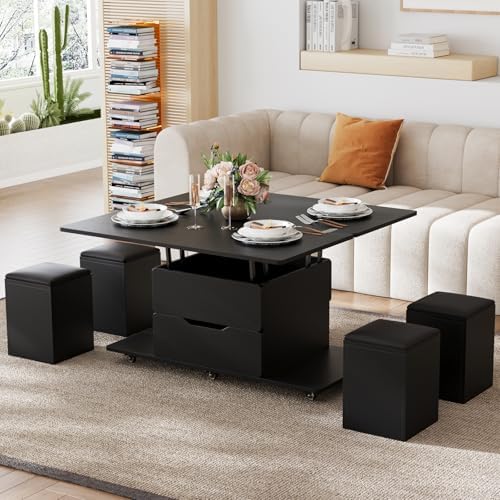homary Coffee Table with Stools, Black 3-in-1 Modern Lift-Top Fol...