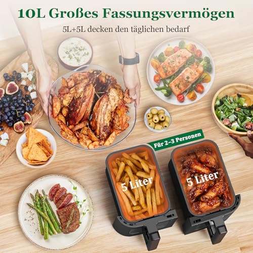 Heißluftfritteuse 2 Kammern | 10L Airfryer mit Sichtfenster Zweizonen Temperatur Separat Regeln, 8-in-1 Heissluftfritteuse Doppelkammer Touch-Steuerung Bis 200℃, Air Fryer 2600W Eingebaute Beleuchtung 3
