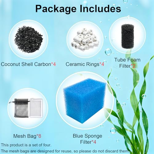 Image of 4 Sets Complete Filter Media Kit Compatible with Fluval AC20 /Aquaclear 20 Power Filter for 5- to 20-Gallon Aquariums - Includes 4 Active Carbon, 4 Ceramic Rings, 2 Intake Strainer Sponges, 4 Foam