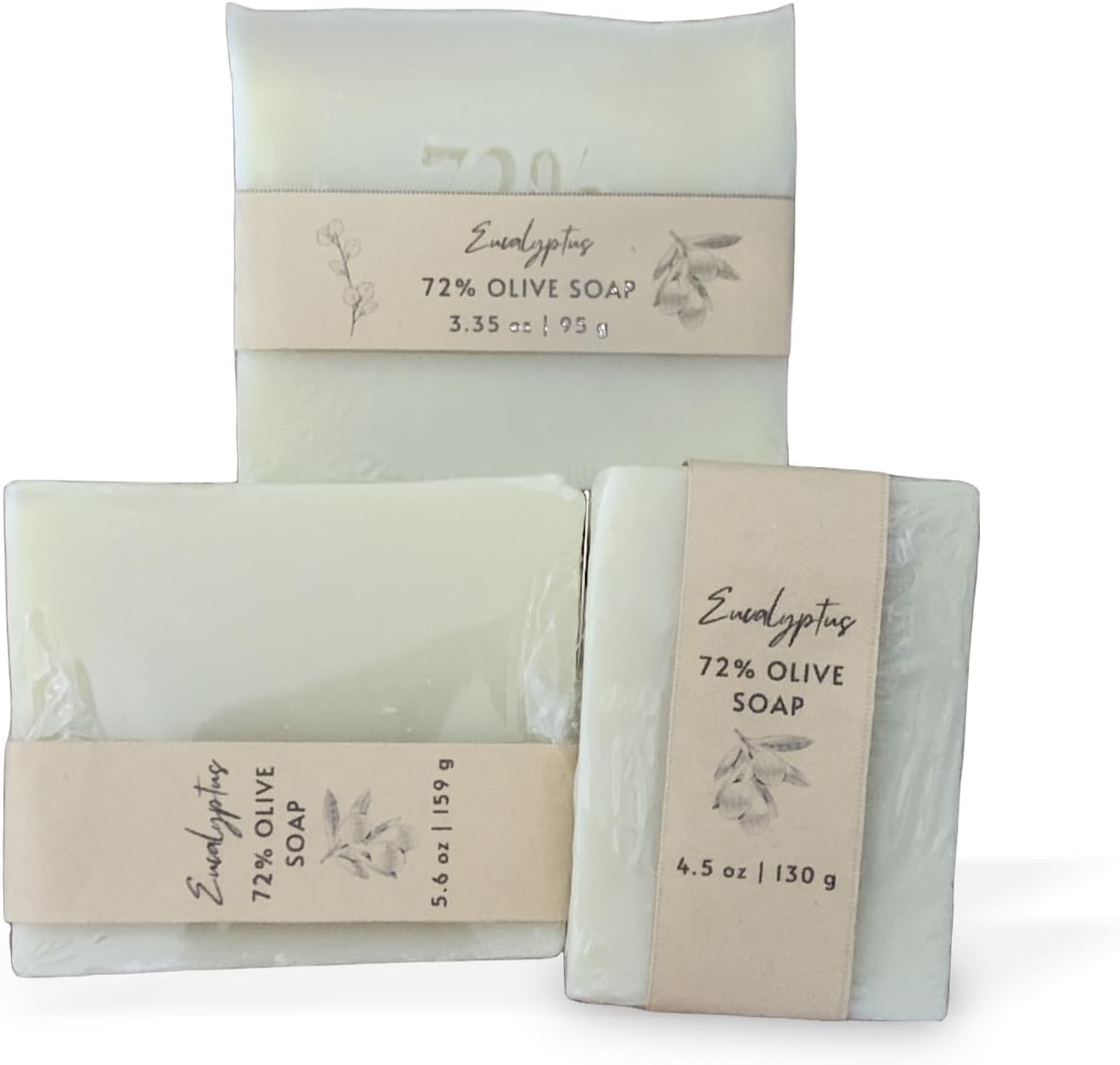 SQUIDIO Handmade Soap, 3 Bar Pack for All Skin Type, 72% Olive Soaps, Eucalyptus scent (3 oz/4 oz/ 5 oz)