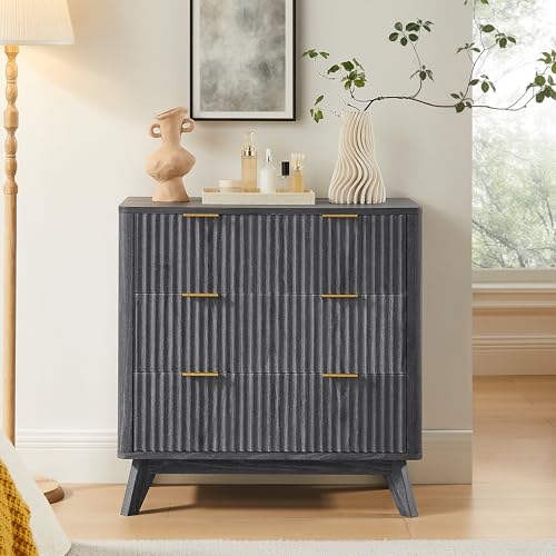 Image of T4TREAM Fluted 3 Drawer Dresser, 32 inch Tall Modern Chest of Drawers, Curved Profile Design, Wood Drawer Organizer for Bedroom, Living Room, Hallway, Entryway, Dark Alder