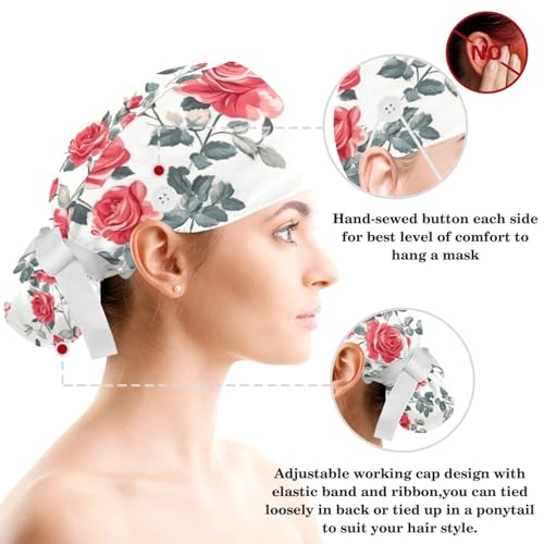 Image of Red Blooming Rose Flowers Black Working Cap with Scrunchy and Ribbon Tie for Women, Long Hair