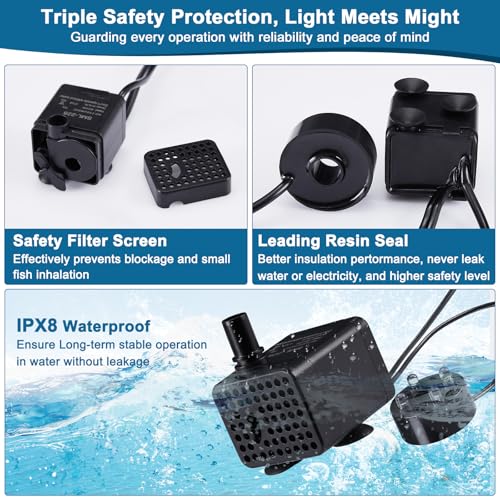 Image of 70GPH Mini Submersible Fountain Pump with LED Lights(260L /H, 3W), Ultra Quiet Aquarium Submersible Water Pump, Adjustable Pond Fountain Pumps for Aquarium, Fish Tank, Pet Fountain (3W)