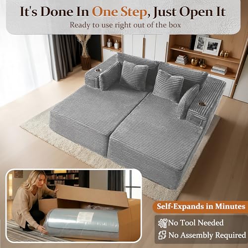 Image of 72 inch Cloud Sectional Couch, Comfort U Shaped Sofa for Living Room, Extra Deep Seats No Assembly, Minimalist Modular Couch, Corduroy (Light Grey, Loveseat Chaise)