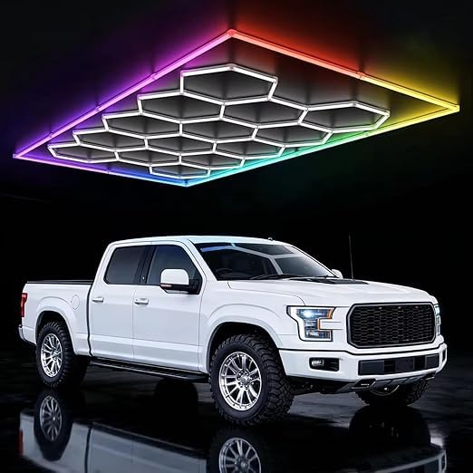 glowave®14-hexagon framed rgb led garage ceiling light with rgb effects light for gaming room, car garage, showroom, workshop, studio & auto detailing bay (14hole with frame rgb)