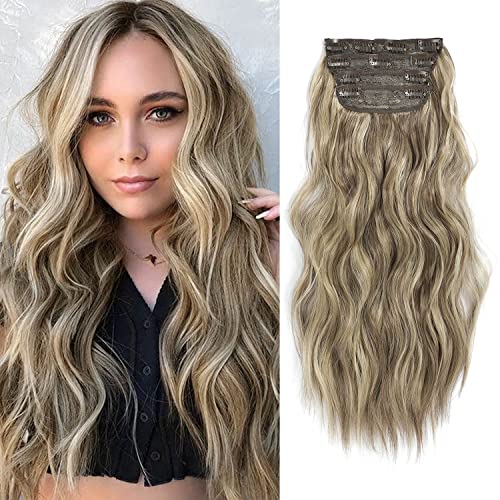 Fine Plus Clip in Hair Extensions 4Pcs Thick Full Head Light Ash Blonde with Lowlights 20Inch Hair Extensions Clip in Curly Wavy Synthetic Hair Extension