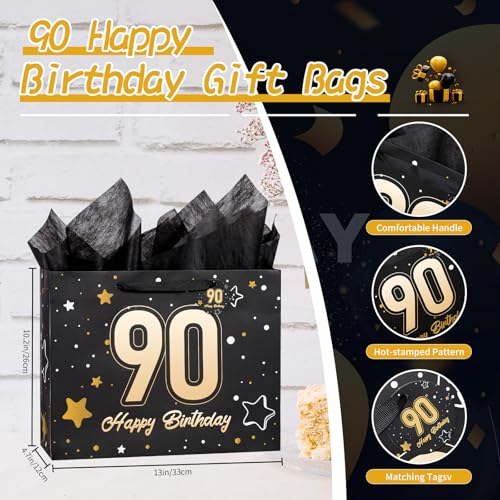 Image of Powbrace 13 inch Black 90th Birthday Gift Bag with Tissue Paper and Greeting Card for Party,Happy Birthday Gift Bag for Men Women,Gift Bags Medium size(1 Black 90th)