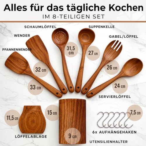 Holz Kochbesteck-Set mit Halter, Pfannenwender Kochlöffel Schöpfkelle Nudelheber Servierlöffel Sieb – mit Haken, Halter und Ablage… – Ansicht 6