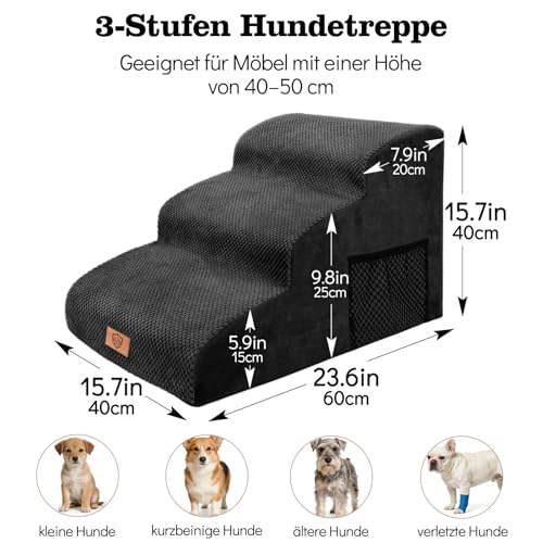 MASTERTOP Hundetreppe für kleine Hunde, Hundetreppe 3 Stufen aus Hochdichter Schwamm, rutschfest Tragbar Hunderampe Katzentreppe mit Tragegriff und Aufbewahrungstasche für Sofa Betten(Schwarz)