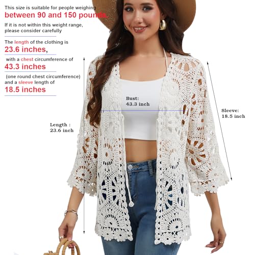 Women Floral Crochet Cardigan Lightweight Tie Front Hollow Out Long Sleeves Cover Lace Sweaters Shrug2