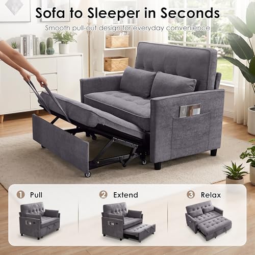 Image of Dreamzie 55'' 3 in 1 Convertible Sofa Bed with USB Charging Ports, Pull Out Couch with Adjustable Backrest and Side Pockets, Sleeper Sofa for Living Room, Apartment, RV, Easy Assembly - Grey