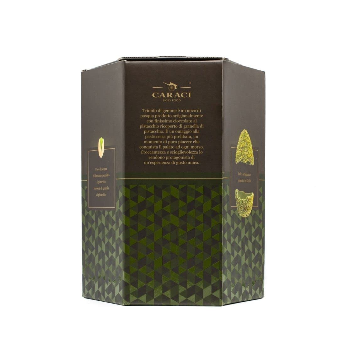 Uovo Di Pasqua al pistacchio con sorpresa all'interno in elagente scatola regalo. Realizzato con pregiato cioccolato senza l'utilizzo di surrogato. Prodotto di qualità