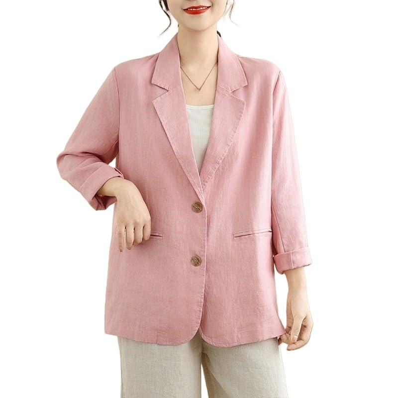 Générique Blazer Élégant en Coton et Lin pour Femme, Manches Longues, Coupe Classique, Basique, Décontracté, Léger, pour L'Été, Couleur Unie, Rose, XL
