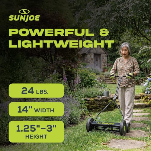 Image of Sun Joe Manual Push Reel Lawn Mower with 9 Adjustable Positions, 14-Inch Cutting Width - Heavy-Duty Yard Trimming Machine for Gardening Care and Maintenance, MJ503M