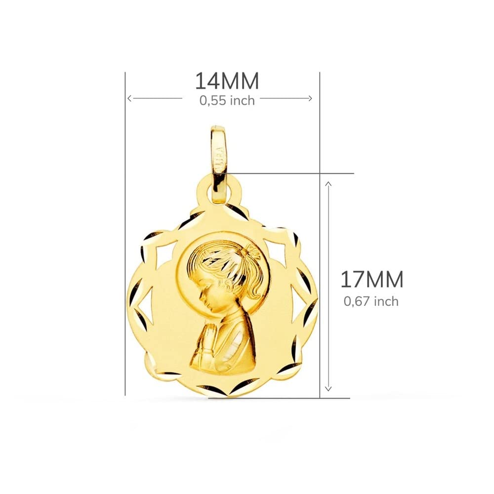 Virgen Niña medalla oro 18k Primera Comunión colgante 14mm. detalles tallados bisel calados