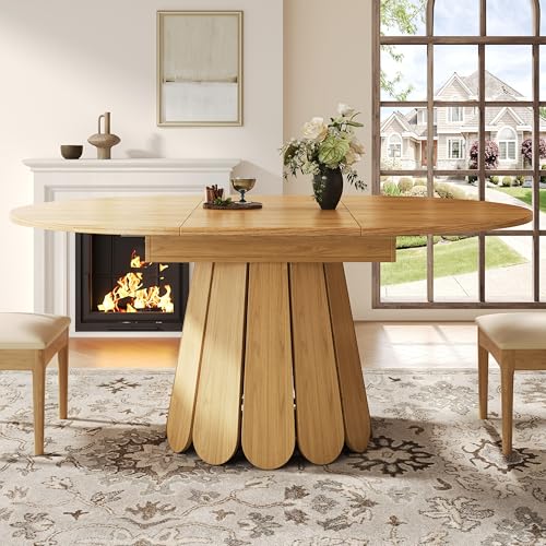 QXJVA Mesa de comedor redonda extensible 118-158x118x76,8 cm en imitación de madera, mesa de comedor ovalada para 6 personas, mesa de cocina con pie en forma de pétalo para cocina, salón y comedor