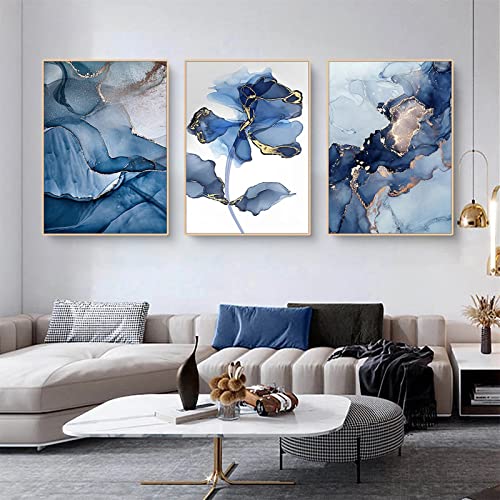 Sarah Duke 3er Poster Set, Gold Blau Luxuriöse Blumen Grafiken Wandbilder,...