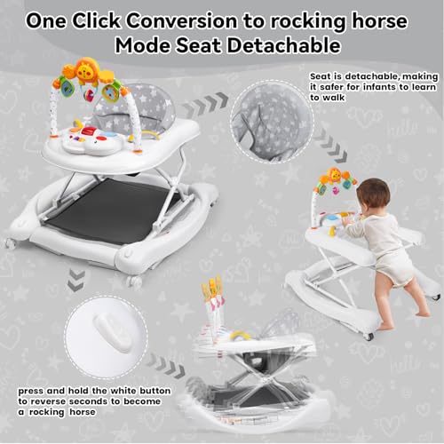 Image of Baby Walker, 5 in 1 Baby Walkers for Boys Girls 6-12 Months, Foldable Walkers for Babies with Bouncer & Feeding Tray, Music, Adjustable Heights, Activity Walker for Infant