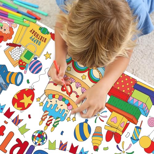 Image of Happy Birthday Giant Coloring Poster for Kids 30x72 Inch, Birthday Large Coloring Poster Tablecloth, Birthday Themed Color-in Activities Games for Kids School Classroom Home Party Supplies Decorations