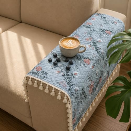 Image of Homerz Premium Printed Quilted Velvet Sofa Slip Cover Protector with Tassels, Sofa Mat, Exact Size, Antislip Cover (Grey Autumn, 2 pc Armrest, Armrest)