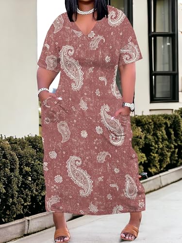 Image of SUZONANA Plus Size Denim Print Maxi Dresses for Women Casual V Neck Short Sleeve with Pockets Soft Jean Look Dress XL-6XL