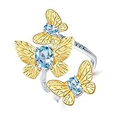 Joyería de plata de ley 925, topacio azul natural, anillo de mariposa ajustable abierto hecho a mano para mujer