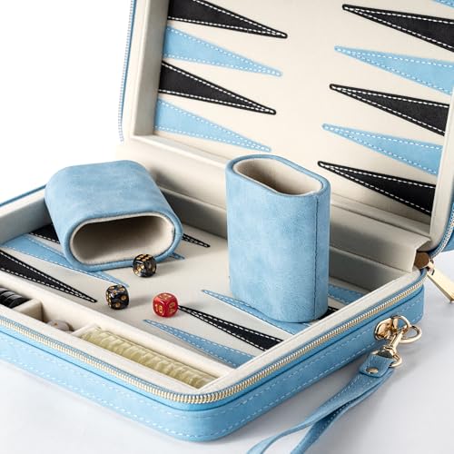 Backgammon Sets for Adults and Kids, Classic Backgammon Board with Unique Checkers Dice, Folding Faux Leather Backgammon Case, Portable Travel Backgammon Game Set (Blue) - image 2