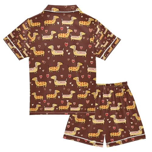 senya Cute Dachshund Heart Brown Satin Summer Pajama Sets Silk Short Sleeve Button Down Sleepwear2